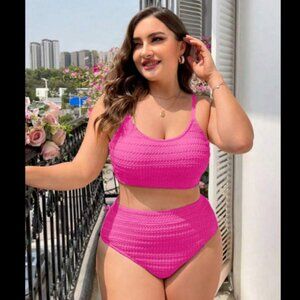 Vibrant Pink Crochet Textured High Waisted 2-Pc Swimsuit Bikini 0X